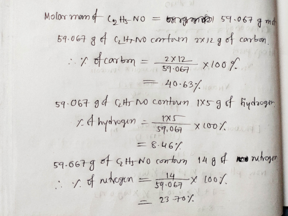 a . Molar mom of Costs No = bungmol 59.067 g mah 59.067 g of Glt no contam 2x12g of carbon. % of carbon = 2x 12 x 100% = 40.6