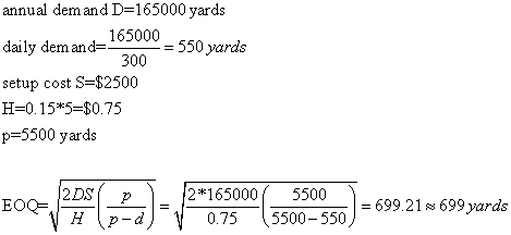annual dem and D-165000 yards y dem and- 165000 setup cost S-$2500 H-0.15*5-S0.75 p-5500 yards 550 yards 300550 2DSf p H p-d)