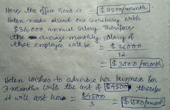Here, the office rent is $2200/Month). Helen needs alleard one secretary with $36,000 annual salary. Therefore, the an averag