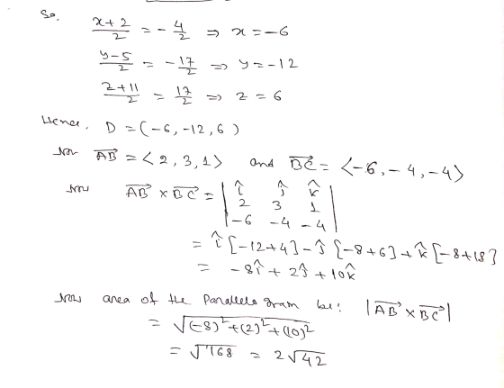 so 042 을 닐 2 A= 2. y-5 날 y12 는 12 2 6 Henu, D =(-6, -12,6) AB 2,3,4) la md BE=<6,-4,-4) ~ 2 기 T 3 - 6 8 AB x B co - - C-1244