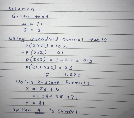 solution Given thot. e = 71 6 = 8 - Using standard noomol table PCZ>Z) = 10%. 1-P (zcz)= on p(zzz) = 1 -0.13 0.9 P(ZC 1.282)