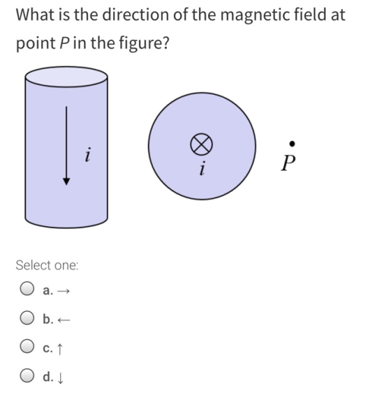 What is the direction of the magnetic field at point P in the figure? i i P Select one: a. → b. c. 1 O d. 1