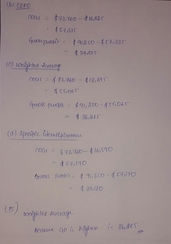 (b) LAPO COCIS - $ +3,760 - $16,425 - $57,335 Guon puotit = $91350-$57,335 - $34,015 (C) weighted Average Coces = $73,760 - $