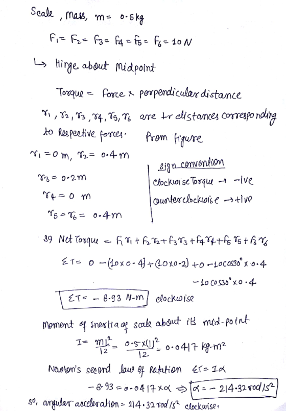 Scale, mess, m= 0.5kg FF F2 = Fz= fq = Fg = FG=10N I Hinge about midpoint Torque = force x perpendicular distance Yi, 72,73,8