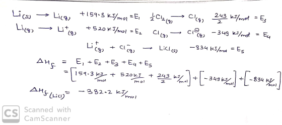 Lics Lice → Licg +154.3 ks/mas =E, C12/03 -> Clean 243 kJ/mol = Ez — Lite +52065/mol = Ez clcg) - Cleo -349 k/mol = E4 Liegs
