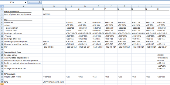 L29 5 2 Initial Investment 3 Cost of plant and equipment 1470000 5 OCF 6 Revenues 7 - Costs 8 - Depreciation 9 - loss of rent