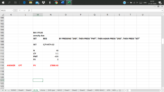 11 Ale $59 W @ v ** 01:52 : ENG 21-03-2020 24 M121 MN R S T U BA II PLUS annuity due SET BEG BY PRESSING 2ND, THEN PRESS