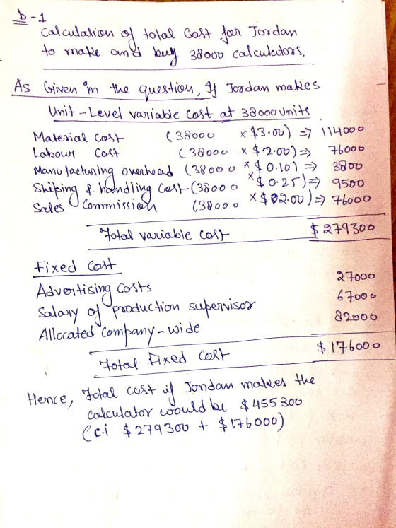 b-1 Calculation of 었 total cost for Jordan to make and buy 30000 calculators. As Given in the question, Af Jordan makes Unit