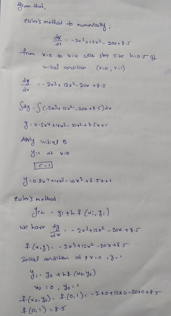 geven that, Eulers method to numerically; de -2x3+1242_ 20x+8.5 x=0 to x=4 with step size hoort Initial condition : (x=0; y