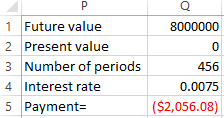 8000000 1 Future value 2 Present value 3 Number of periods 4 Interest rate 5 Payments 456 0.0075 ($2,056.08)