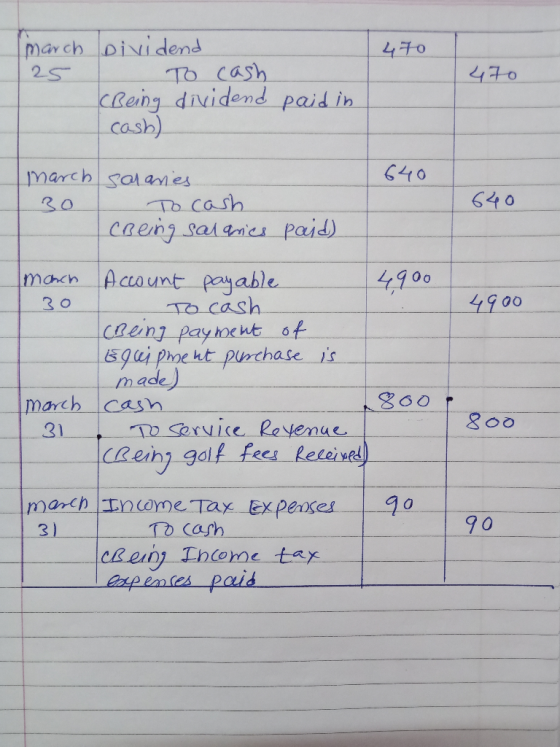 47o 470 march dividend 25 To cash Being dividend paid in cash) 640 march salaries 30 To cash Being salaries paid) 640 4900 80