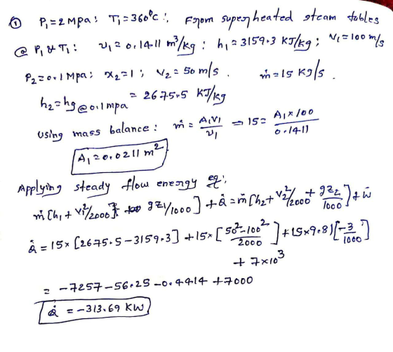 tean O 2 MRa P,=2 mpa: T;=360°!, Fopom super heated steam stables @ ,4ti: 2,2 011411 m?/kg : h, 315913 kJ/kg; N= 100 m/s Pzzo