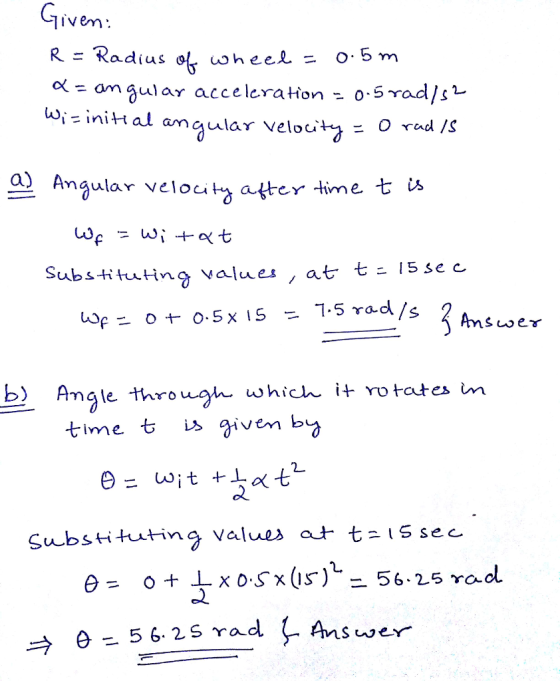 Tivem R = Radius ol wheel α = amaulaY acceleration- 0.5Y a) Anaular velouhh atter time substi tu ting value. , at t 15 sec. A