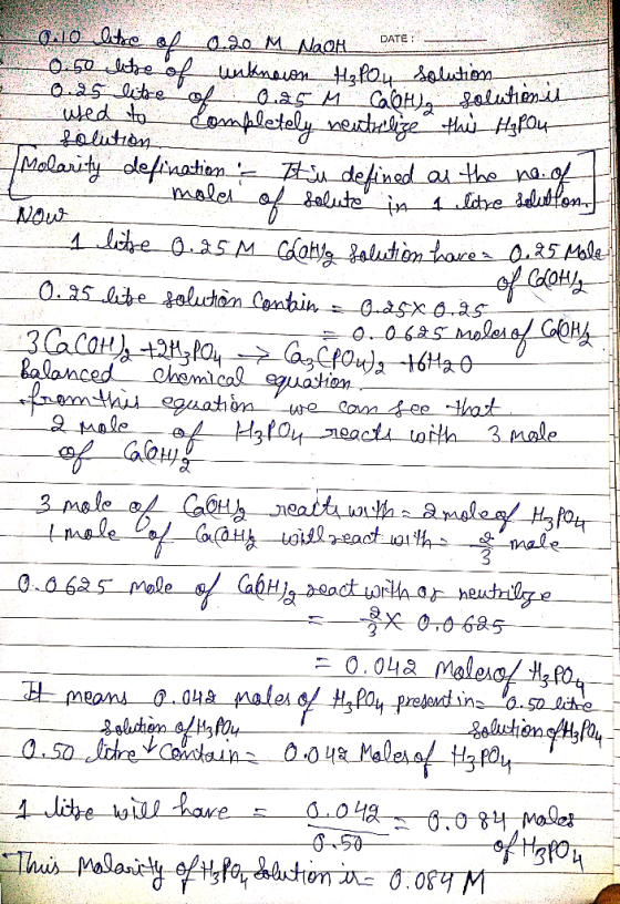 Qale or DATE S Lelution 0.10 lite of 0.20 M Naion_ 0.50 litre of unknown H₂Pou solution 0.25 litre of 0.25 M Calt), solutions