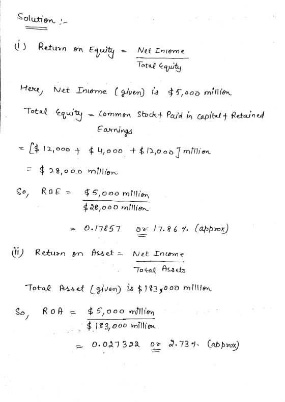 solution : o Return on Equity - Net Income Total Equity Here Net Income (given) is $5,000 million Total Equity = common Stock