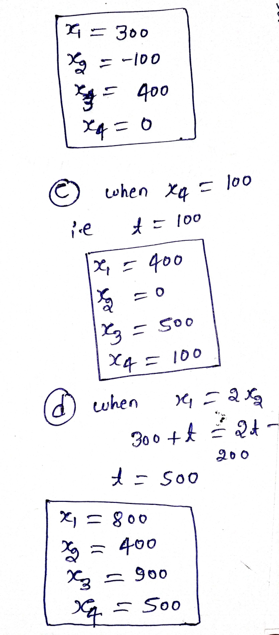 300 -100 Kg = 400 xq = 0 when xq 100 Ha 100 ie x = 400 & goo O x₂ =500 XA = 100 @ when 19 = 2 x 300 +4 = gt 200 t = soo X = 8