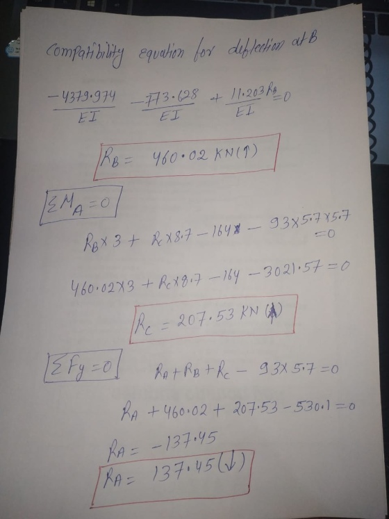 Compatibility equation for deflection af B - 4379.974 EE 773.628 4 11.203 K2_0 EI EI RB = 460 • 02 KN (1) Rox 3 + RX817 - 164