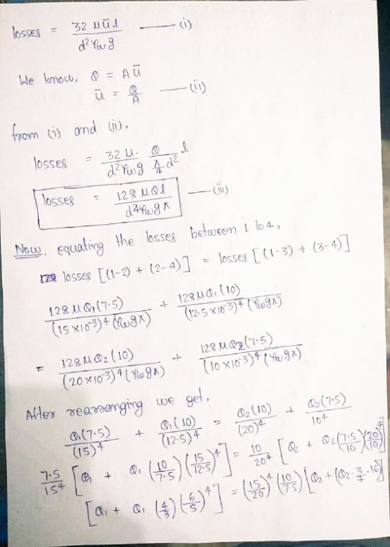 losses = 32 uud d² Pug We know, o = Au a A from o) and (ii), 32 M. losses losses Now d² wg A d² 128 u dahuga equating the los