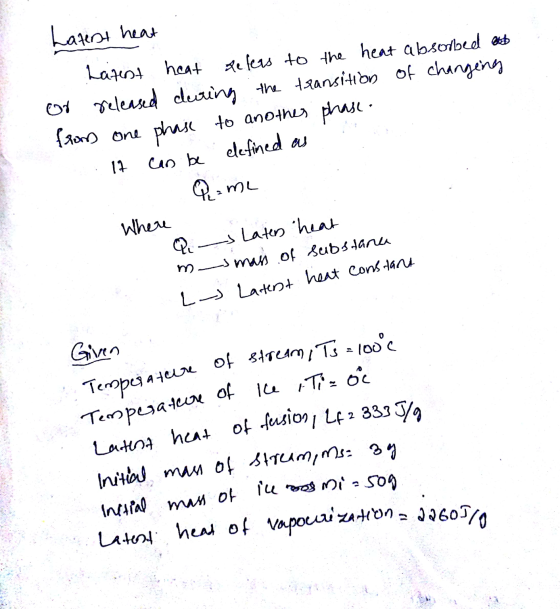 Temperature of stream, Ts = 100°C A Temperature of Ice Tizo Initial mass of ill roos mi-509 Latent heat Latent heat Refers t