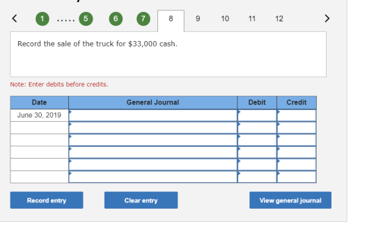 8 9 10 11 12 ) Record the sale of the truck for $33,000 cash. Note: Enter debits before credits. Date General Journal Debit C