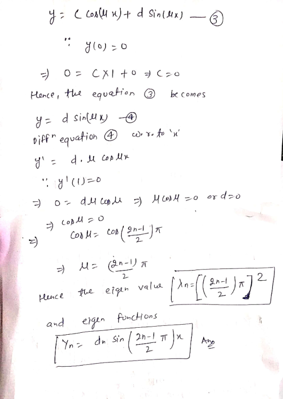 y c coolu u) + d Sindex) - © (0)=0 => 0 = CX1 +0C70 Hence, the equation ® becomes ya d sinler - diff equation ® woro to s