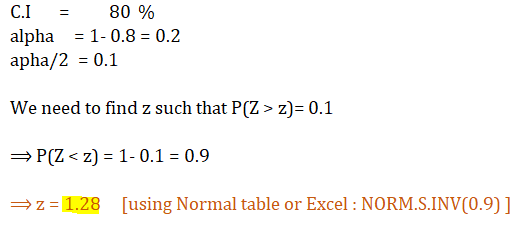 C.I 80 % alpha = 1-0.8 = 0.2 apha/2 = 0.1 We need to find z such that P(Z > Z)= 0.1 = P(Z < z) = 1-0.1 = 0.9 =z=1.28 [using N