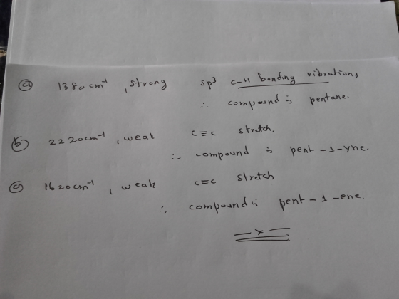 @ 1380cmt strong sp3 c-H bonding vibrations . compound is pentane. 22 2ooml i weak - cac stretch. compound is cac stretch pen