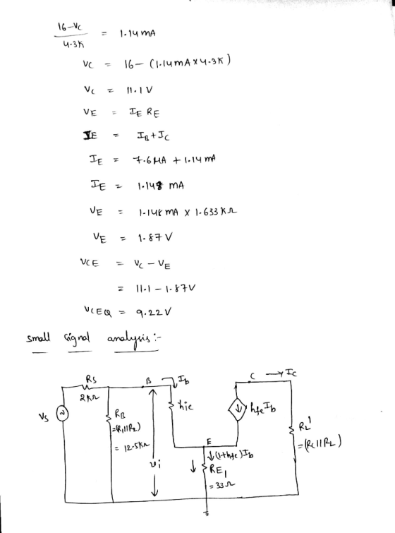 16-VC - 4.3K = 1.14 ma Vc = 16- Cl-lumax4.3k ) ve e 11.lv VE = TE RE IE = Ist I c IE = 7.6MA + 1.14 mA IE = 1.148 MA VE liurm