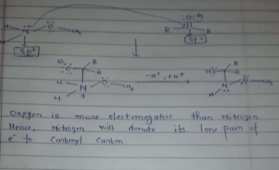 sp 01 I | oxygen Hence, e to is more electronegative Nitrogen will donate it Carbonyl carbon. than Nitrogen lone pain of