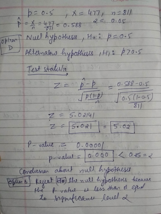 n-811 2= 0.05 7 p = 0.5 1 x = 477, 477 - 0.588 Toplan Null hypothesis, Ho : p=0.5 Alleimalow hypothesis this $70.5 Test state