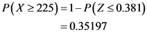 P(x > 225)=1- P(Z <0.381)
= 0.35197