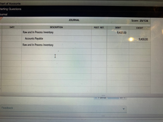 hart of Accounts tarting Questions purnal JOURNAL Score: 25/126 DESCRIPTION DATE POST. REF DEBIT CREDIT Raw and In Process In