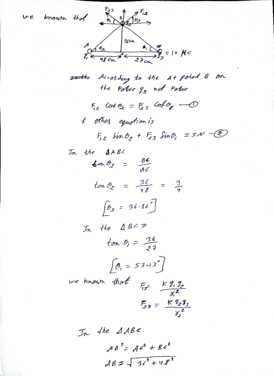 we known that 9-10 MC 48 cm 27 cm In the According to the at point B on the Force qe net Force Ez Cosoz = Fez cofo, f other e