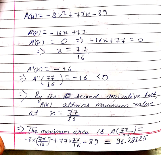 AW) = -84²+770-89 AM) = 16n +77 AW) = 0 -16 +77 - O =) n = 77 16 A-16 =S_A(78 )=-16 <0 5) By the lo second dezevative test,