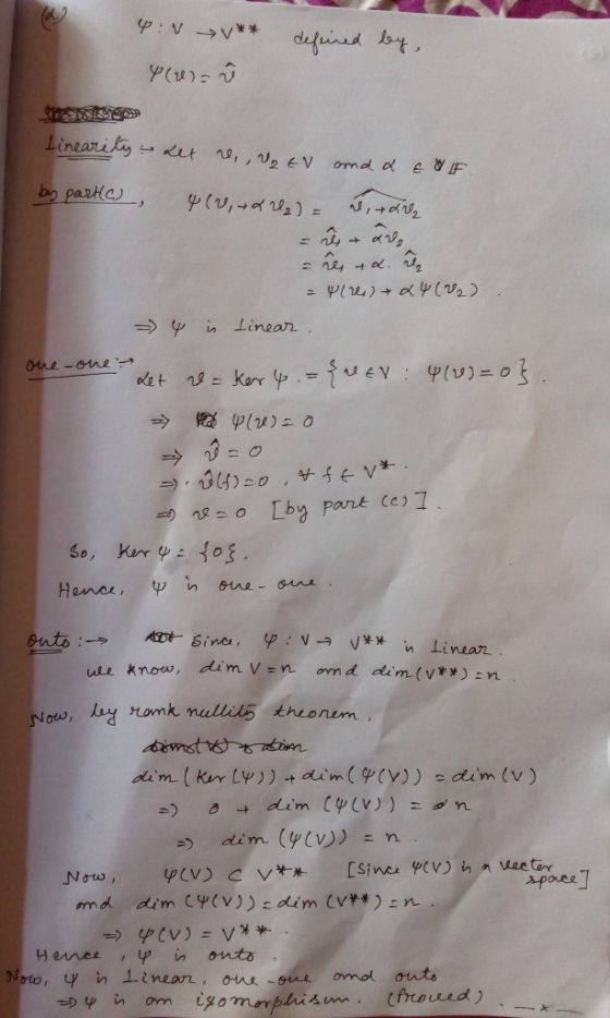4:N V** defined by, y (2) linearity bet ne,, V2 EV and & E WLF. by partic) 4 (V, + & 2) = ud, +Kr2 hare =îg+x. 7 = yle) + 24