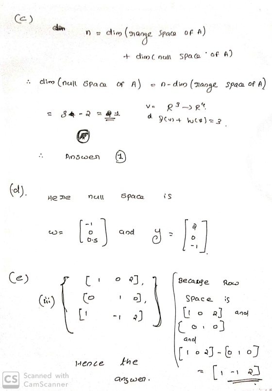 (C) n = dim (ganac Space Of A) dim ( bull space of AJ : clim (null Space Of A) - A-diers (Grange space of A) = 3472 9 va R3