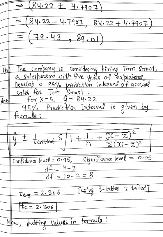5 (84.22 £ 4.790 7 =(84:22 4.7907, 84.22 + 4.7907 = (79.43, 89.01) (b The company is consis a salesperson with five years of