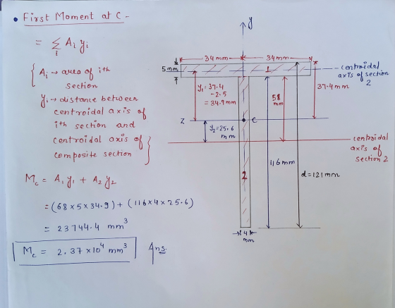 • First Moment at ca r Ai Yi 34 mm 34mm- L 5 nm ith Ai {A; of centroidal axis of section 37.4mm 2 K 19, = 37.4 - 2.5 = 34.9mm