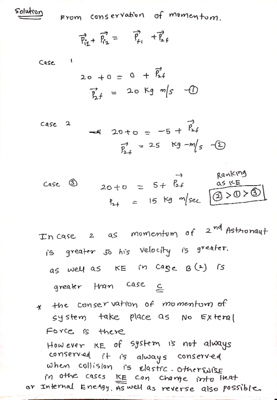 solution Rrom conservation of momentum Pilt Pir = P +Pas I Case 1 20 + 00- Et = 20 kg mls o case 2 20to = -5 + P = 25 kg-m/s