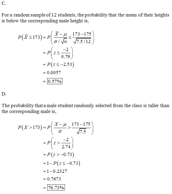 For a random sample of 12 students, the probability that the mean of their heights is below the corresponding male height is,