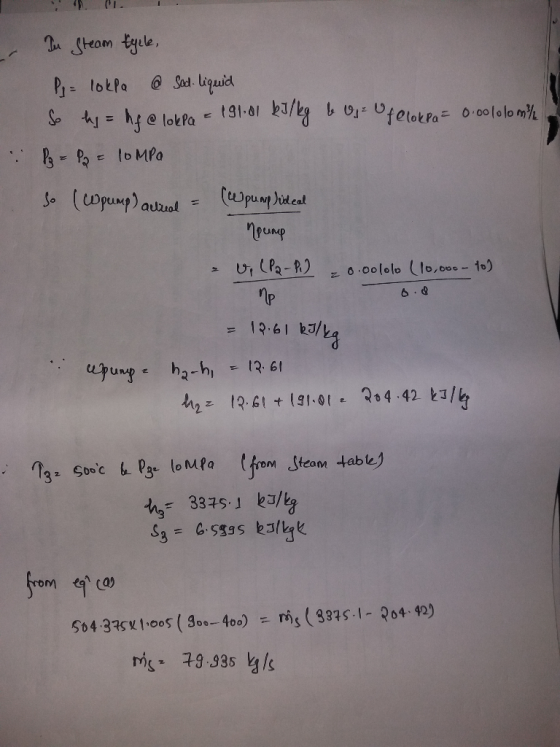 Bu Steam tycle, P = lokia @ Sod.liquid So hy = hfa lokPa = 191.01 kJ/kg & Os of Clokea= 0.000000 m/ : P₂ = P2 = 10MPa so (cop