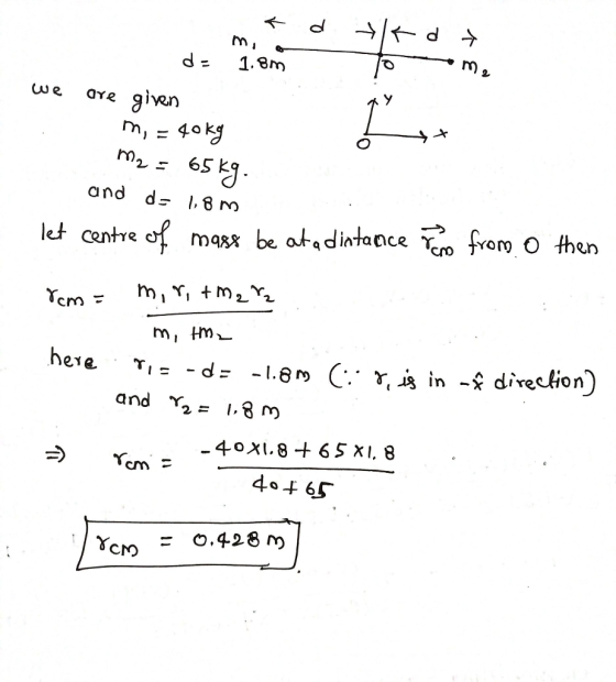 ad tka mi a de 1.8m 10 om, given m, = 40 kg are we . - M2 = 65kg. and do 1,8 m let centre of mass be ata dintance Fero from o