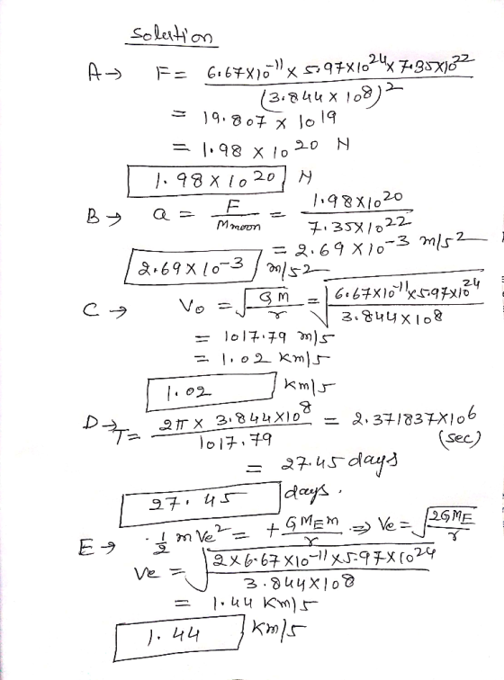 solution A FE 6167x10x5697x1024x7-357132 13.844*108)3 = 19.807 x 1019 = 1.98 x 1020 N 1.98x10201 M By a= F = 1.9881020 mmoon