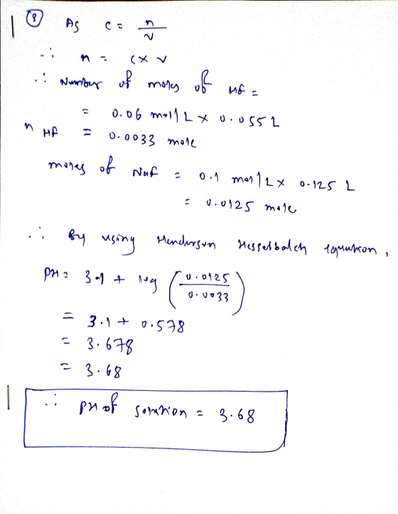 . Number of many of usa - 0.06 mollLX0.0552 n HA = 0.0033 more mones of Nuf = 0.1 mos 12x 0.125 L = 0.0125 mole .. By using H