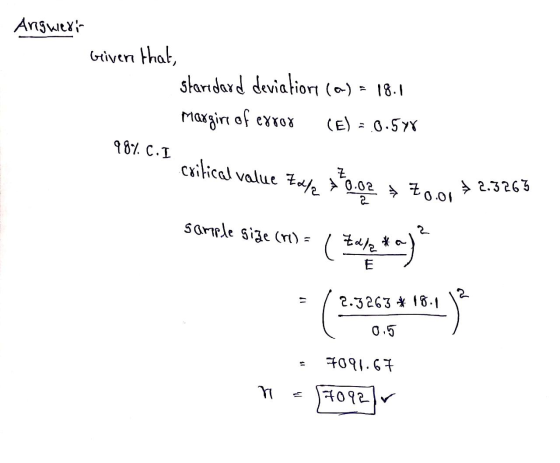 critical value 74% 0.02 to.o. & 2.3265 Ang wity Given that, staredard deviatior (a) = 18.1 Margire of exror (E) = 0.5 987. C.