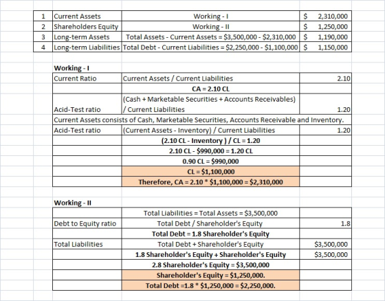 1 Current Assets Working - 1 $ 2 shareholders Equity Working - 11 $ 3 Long-term Assets Total Assets - Current Assets = $3,500