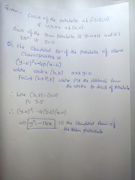 Given, and its Eon is y=0 Characteristics is focus of the parabola at (-3.5,0) Ands of the given parabola is X-axis So, the