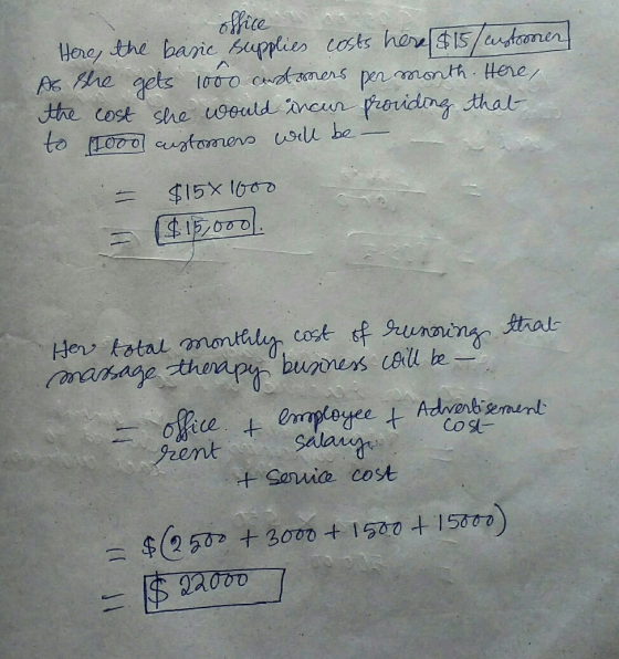 office Here, the basic supplies costs here $15/ustomer As she gets 1000 customers per month. Here, the cost she would incur p