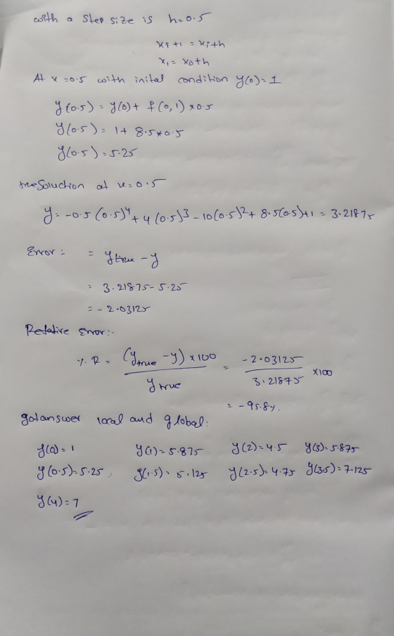 with a step size is h=0.5 y(o)=1 Kati = kith Xi = koth At x 20.5 with inital condition Y{0.5) = Y(0) + f(0, 1) *0.5 y (0.5) =