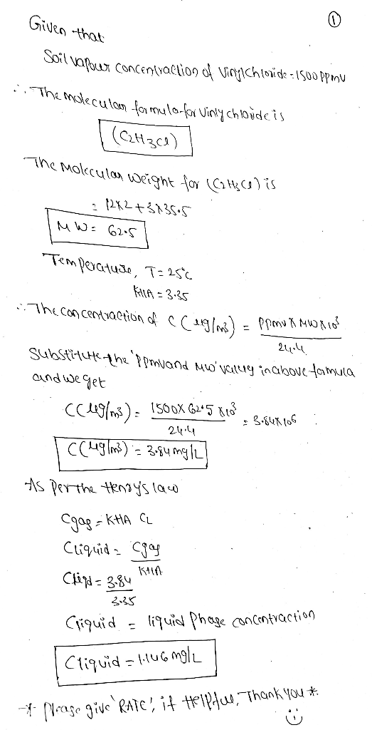 Given that Soil vapour con Vapour concentraction of vinylchloride 1500 ppmu .:. The molecular formular Olecular formula for V